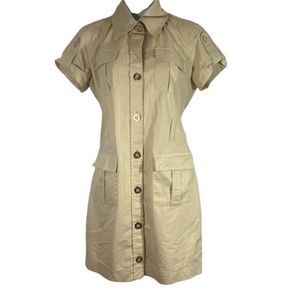 Iorane Womens Size 10 Dress Gold Buttoned Khaki Short Sleeve Front Pocket